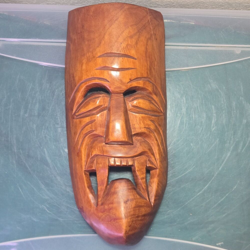 Vintage 1960 Hand Carved Wooden Tiki Mask Wall Art – Polynesian Demon